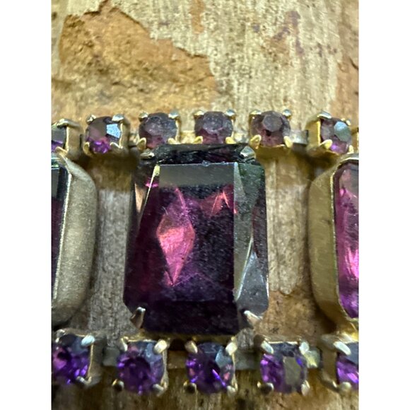 Vintage Purple Rhinestone Bracelet With Rectangular & Round Stones Gold-Tone - Picture 2 of 7